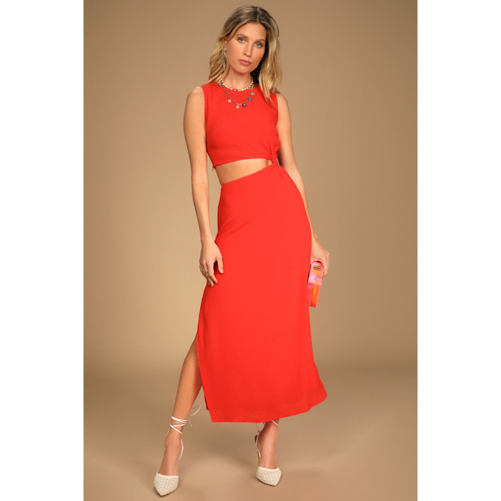 Lulus Chic Perspective Red Cutout Knotted Sleeveless Midi Dress - Size S